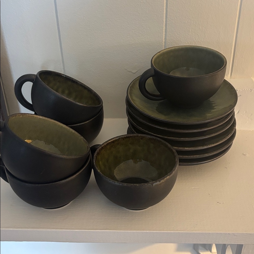 Jars France tourron Samoa Vert Green matte black tea cup and saucer SET of 6